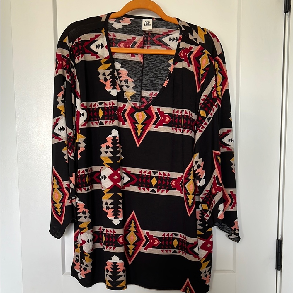 Sew In Love Black and Orange Graphic Aztec Tunic 3/4 Sleeve
